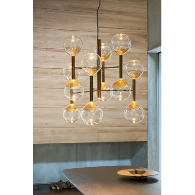 Bonaldo Lampada a sospensione 13 luci Sofì in metallo ottone brunito e vetro ambrato