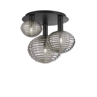 Plafoniera in metallo nero e vetro soffiato cromo, 3 diffusori, 3 lampadine E27, 53.5x48cm