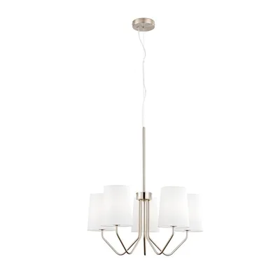 Sospensione in metallo nichel con paralumi in tessuto, 5 luci E14, 60x150cm