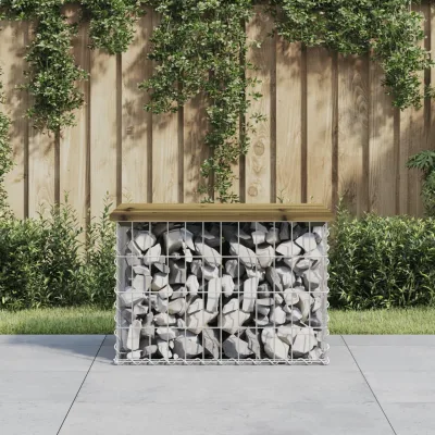 Gabbia Mini — Panca da giardino in pino impregnato, base a gabbione, 63x44x42 cm