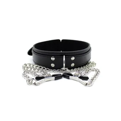 Collare BDSM Fetish Addict pinze capezzoli catene metallo nero regolabile unisex