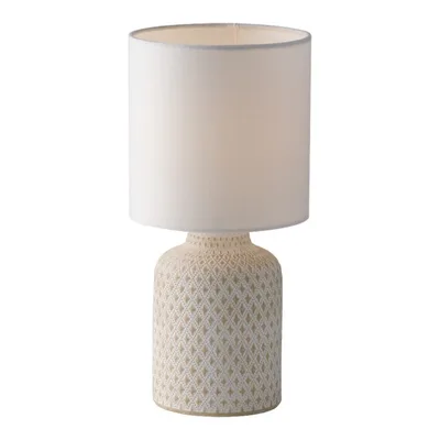 Lumetto in ceramica decorata bianca, paralume in tessuto, 1 luce E14, 15x32cm