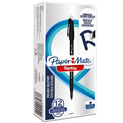 12 Penna sfera Replay NERO inchiostro cancellabile punta 1 mm Paper mate