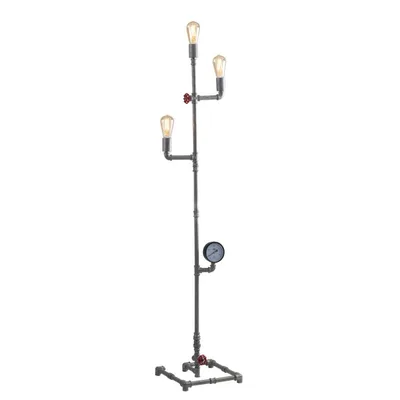 Piantana stile industrial zincato in metallo invecchiato, 3 luci E27, 31x159cm