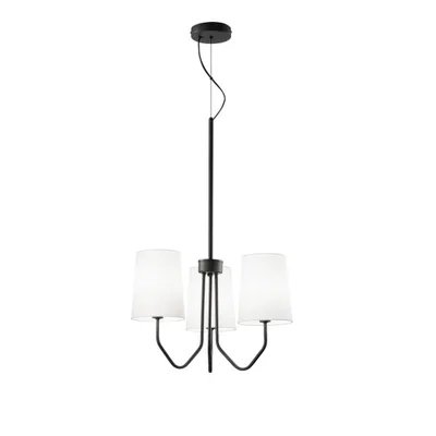 Sospensione in metallo nero con paralumi in tessuto, 3 luci E14, 50x150cm