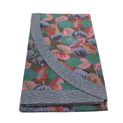 Copriletto jacquard letto estivo misto cotone Foglie azzurro Made In Italy
