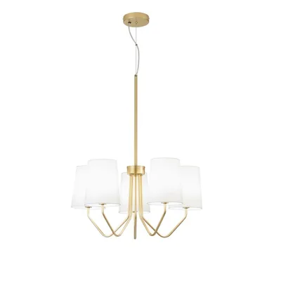 Sospensione in metallo oro con paralumi in tessuto, 5 luci E14, 60x150cm