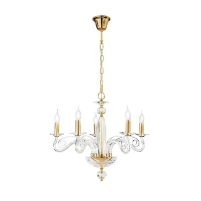 Lampadario contemporaneo a sospensione bianco e oro in cristallo, 5 luci E14, 65x140cm