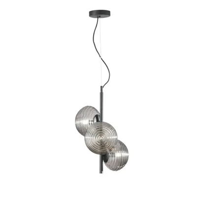 Sospensione in metallo nero e vetro soffiato cromo, 3 diffusori, 32.5x165cm