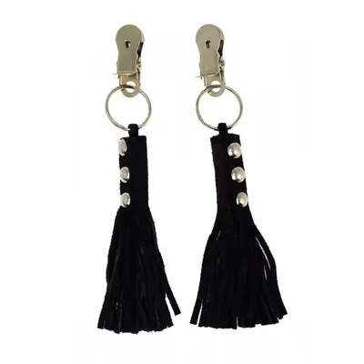 Rimba 7953 Pinze Capezzoli con Mini Fruste Pelle Nera Metallo BDSM 10 cm