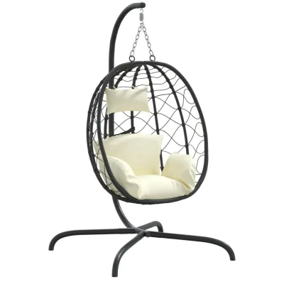 Bolla — Poltrona sospesa a uovo con cuscino antracite, polyrattan e acciaio - Crema