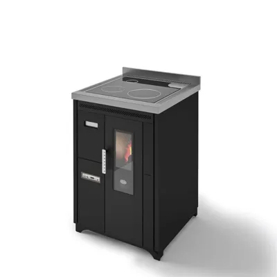 Eva Calòr Cucina a pellet ventilata con piano in acciaio NINA 901658500 finitura nero