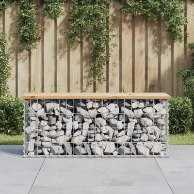 Gabbia Piena — Panca da giardino in massello di pino, base a gabbione, 103x31,5x42 cm