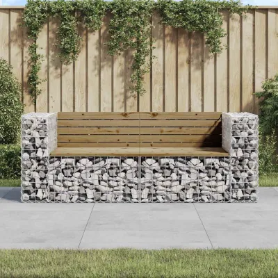 Gabbia — Panca da giardino in pino impregnato, base a gabbione, 184x71x65,5 cm