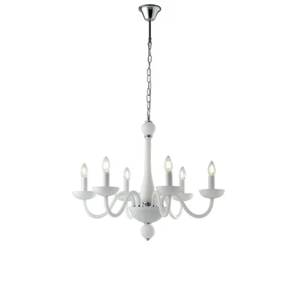Lampadario bianco in vetro soffiato, finiture cromate, 6 luci E14, 74x178cm