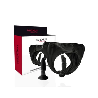 Strap-On Darkness Sensations Harness Nero con Dildo Realistico 14 cm e Plug Anale Intercambiabili