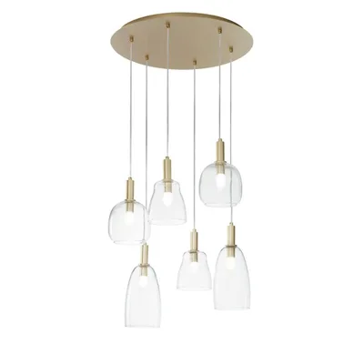 Lampadario a sospensione elegante oro in vetro soffiato, 6 diffusori, lampadina E14, 60x150cm