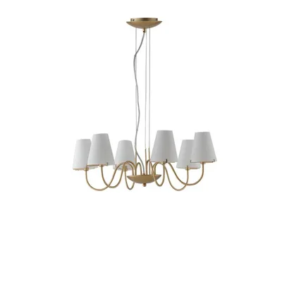 Lampadario classico in metallo oro e vetro bianco, 6 diffusori, 65.6x150cm