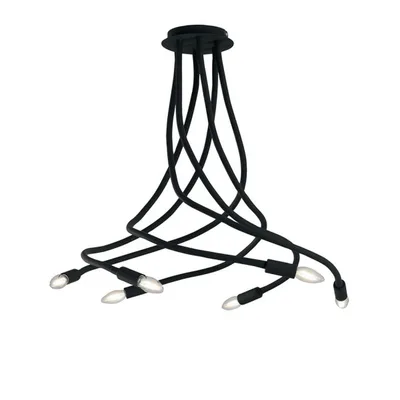Plafoniera curvilinea in metallo e silicone nero, 6 luci E14, 18x100cm