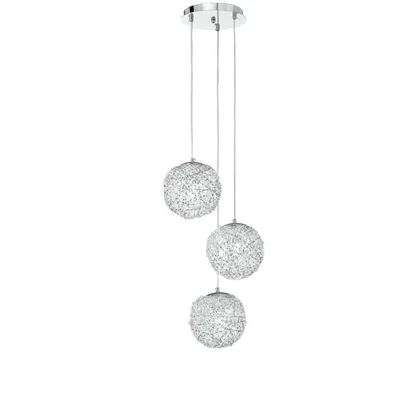 Lampadario a sospensione in alluminio cromato e cristalli, 3 luci E27, 40x120cm