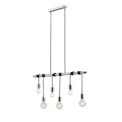 Lampadario a sospensione in metallo cromato e cavo in tessuto nero, 6 luci E27, 100x135cm