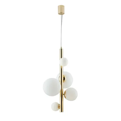 Lampadario a sospensione luxury in metallo oro e vetro soffiato bianco, 5 diffusori, 45x180cm