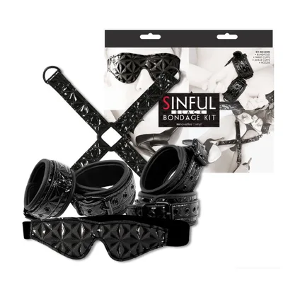 Sinful Black Bondage Kit vinile nero manette cavigliere hogtie maschera set