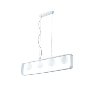 Lampadario a sospensione in alluminio bianco goffrato e vetro bianco, 4 diffusori, 100x120cm