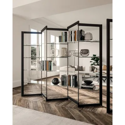 Ozzio Libreria modulare Panto art. X016 C in metallo e legno e mensole in cristallo da L.186 cm e H.199 cm