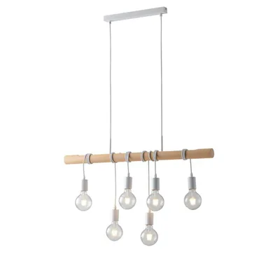 Lampadario a sospensione in legno naturale e metallo bianco opaco, 6 luci E27, 90x180cm