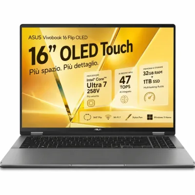 ASUS Vivobook 16 Flip OLED TP3607SA-SI106W Intel Core Ultra 7 258V Intel AI Boost NPU 32GB Intel Arc Graphics SSD 1TB 16'' WUXGA 16:10 60Hz Touch screen Win11 Home Tastiera Retroilluminata e Stylus Pen