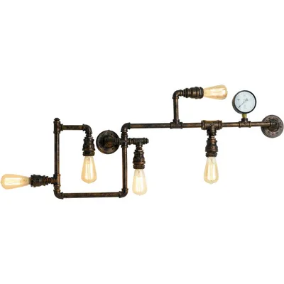 Plafoniera stile industrial ruggine in metallo invecchiato, 5 luci E27, 109x47cm