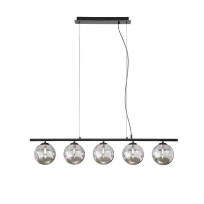 Sospensione lineare in metallo nero e vetro soffiato grigio fumè, 5 diffusori, 100x166cm