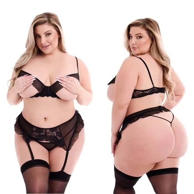 Set sexy 3 Pezzi Queen size Peek A Boo Reggiseno Giarrettiera Perizoma 2XL 3XL