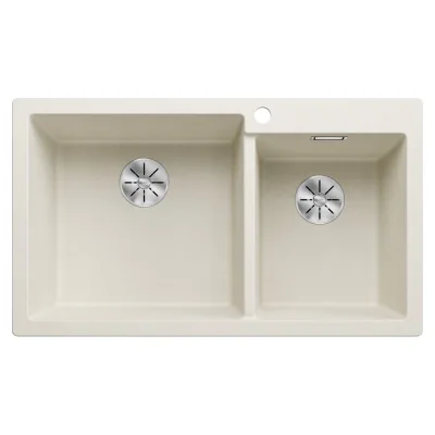 Blanco Lavello due vasche (vasca grande sx) PLEON 9 Satin Gold 3527641 finitura soft white da 86x50 cm - Sopratop